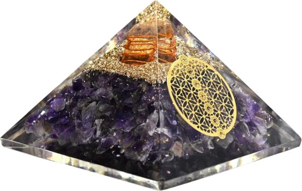 Large Orgone Pyramid | Amethyst Pyramid Crystal | Chakra Flower of Life Orgonite Pyramid | Organ Pyramids Positive Energy Healing