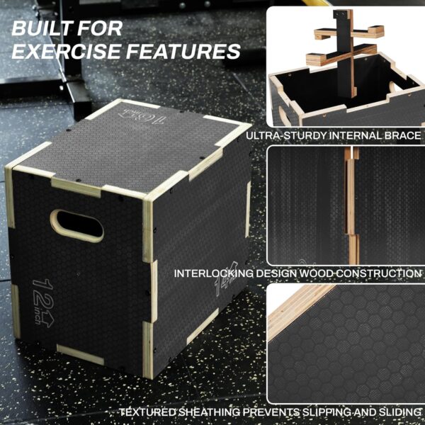 3 in 1 Non-Slip Wooden Plyo Box Plyometric Box Jumping Exercise, Multiple Sizes