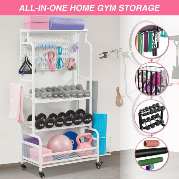 56'' Taller Home Gym Storage Organizer, Yoga Mat Storage Rack with Hanging Board, Exercise Workout Equipment Storage Stand for Home Gym, Dumbbell Holder Kettlebell Rack with Wheels and Hooks