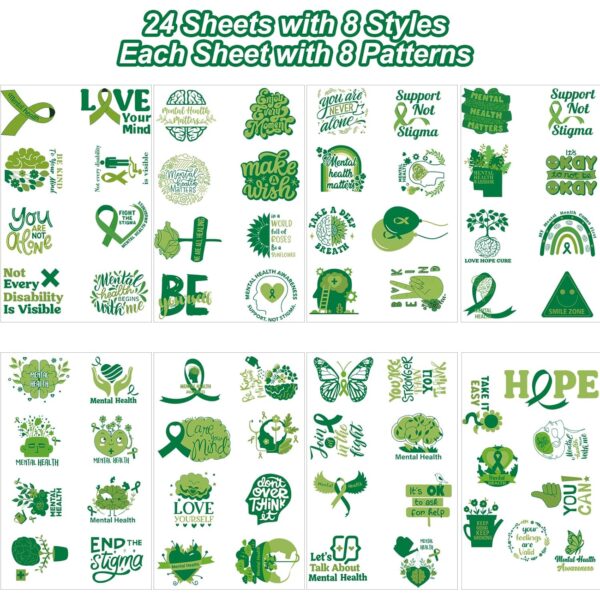 Mental Health Awareness Items Temporary Tattoos - 24 Sheet Green Support Encouragement Self-Motivation Tattoo Stickers, Ideal for Therapists Parents Educators to Spread Positive Vibes