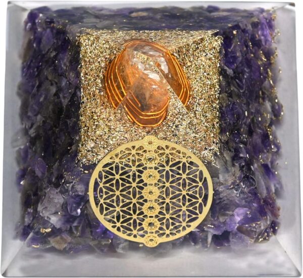Large Orgone Pyramid | Amethyst Pyramid Crystal | Chakra Flower of Life Orgonite Pyramid | Organ Pyramids Positive Energy Healing