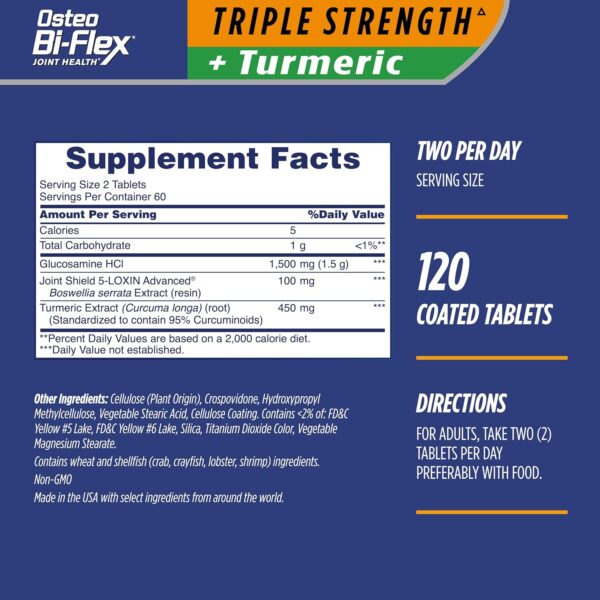 Osteo Bi-Flex Glucosamine Triple Strength Plus Turmeric Supplement with Curcumin for Joint Support and Range of Motion, 60 Day Supply, 120 Coated Tablets, Joint Health Nutritional Supplements