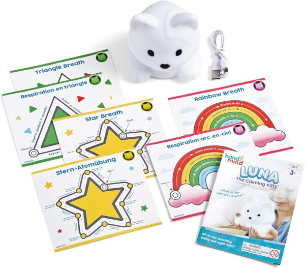 hand2mind Luna The Calming Kitty, Breathing Light, Guided Meditation for Kids, Mindfulness for Kids, Anxiety Relief Items, Calm Down Corner Supplies, Calming Toys for Kids, Social Emotional Learning