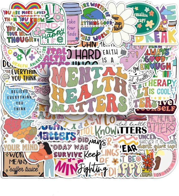 100Pcs Mental Health Stickers Mental Health Matters Awareness Vinyl Laptops Decals Kids Teens Adults Gifts Therapist Water Bottles Bumper Helmet Book Decorative Doctor Reward Stickers