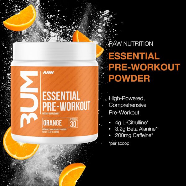 RAW Essential Pre-Workout Powder (Orange) - Chris Bumstead Sports Nutrition Supplement for Men & Women - Preworkout Energy Powder with Caffeine, L-Citrulline, L-Tyrosine, & Beta Alanine Blend
