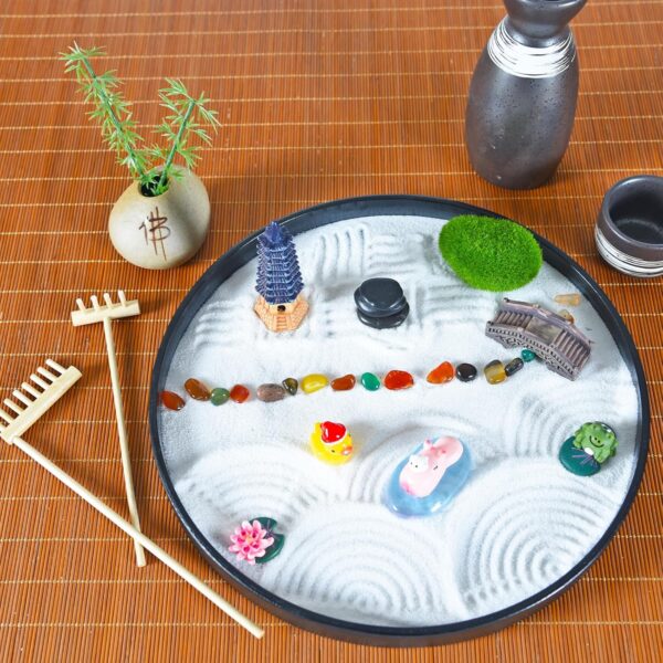 amberr Zen Garden for Desk - Premium Japanese Mini Sandbox Rock Garden Kit. Zen Sand Garden Mindfulness Gifts for Kids. Office Desk Accessories Meditation Room Decor Sand Tray Therapy Gift