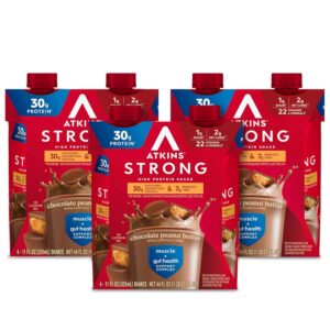 Atkins Strong High Protein Shake, Chocolate Peanut Butter, 30g Protein, 7g Prebiotic Fiber, Muscle & Gut Health Support Complex, 12 Count