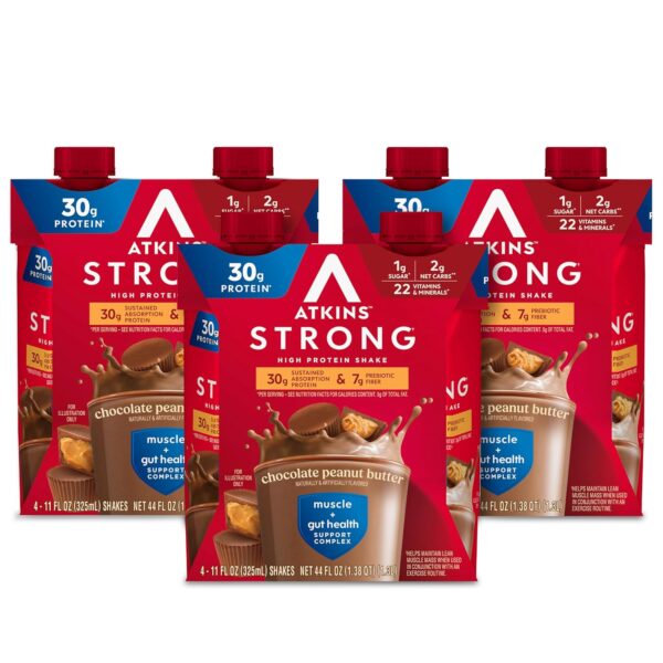 Atkins Strong High Protein Shake, Chocolate Peanut Butter, 30g Protein, 7g Prebiotic Fiber, Muscle & Gut Health Support Complex, 12 Count