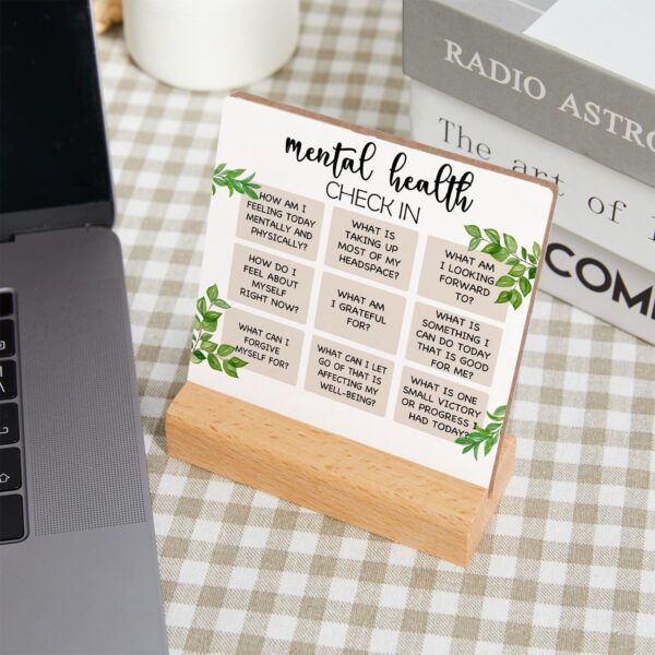 Mental Health Inspirational Gift, Positive Self Affirmations Wooden Sign, Mental Health Check in Wood Sign with Wooden Stand, Cheer Up Gifts for Psychologist School Counselor Student Boy Girl