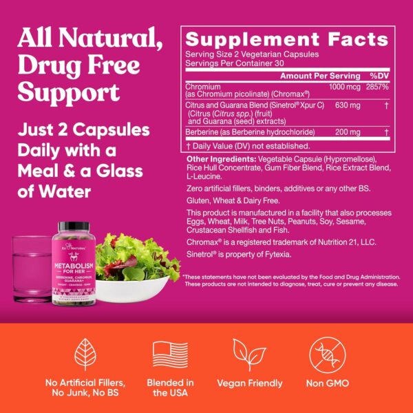Metabolism for Her - Weight Loss Pills for Women - Appetite Suppressant, Fat Burner, Metabolism Booster - Combat Cravings & Lose Belly Fat - Berberine, Chromium Picolinate & Guarana - 60 Veg Capsules