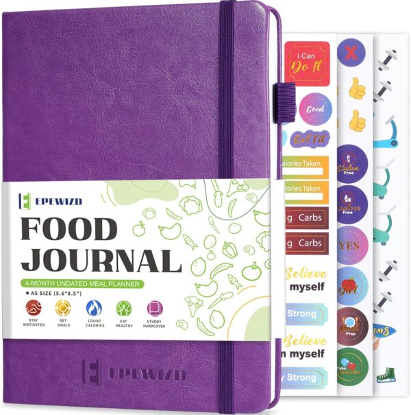 Food Journal for Weight Loss, Meal Planner & Daily Food Wellness Diary to Count Calories Nutrient Intake,Weight Loss Journal to Track Health, Achieve Diet Fitness Goals (A5 size)-Purple