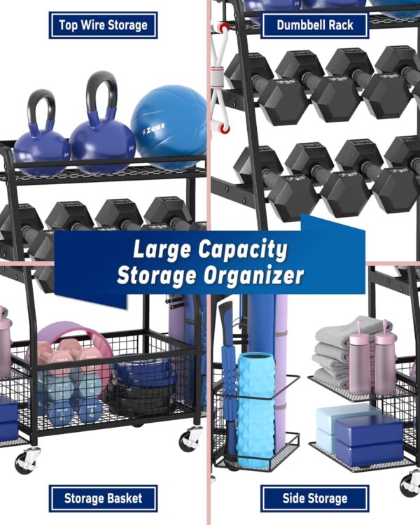 Weight Rack for Dumbbells - Dumbbell Rack for Home Gym - Home Gym Storage Rack for Dumbbells and Strength Training Equipment - Weight Rack for Home Gym with Side Shelves, Hooks and Wheels