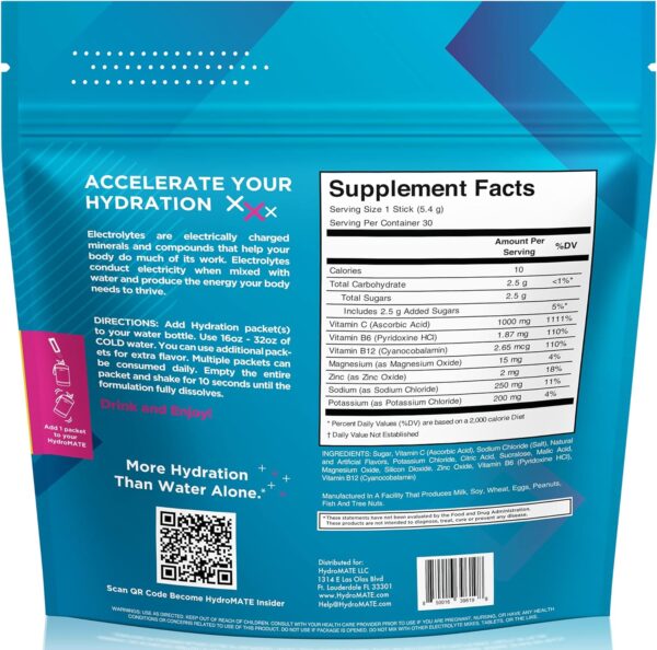 HydroMATE Electrolytes Powder Low Sugar - 30 Count Fruit Punch Instant Hydration Packets with Vitamin C to Boost Energy - Low Sugar Electrolytes Powder Packets to Support Hydration Fast Party Recovery