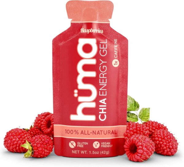 Huma Chia Energy Gel, Raspberries, 24 Gels, 1x Caffeine - Sports Nutrition for Endurance Exercise