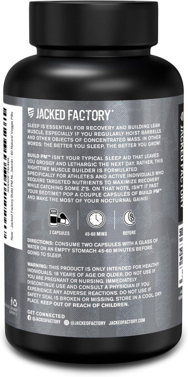 Jacked Factory Build PM Night Time Muscle Builder & Sleep Aid - Post Workout Recovery & Sleep Support Supplement w/VitaCherry Tart Cherry, Ashwagandha, & Melatonin - 60 Natural Veggie Pills