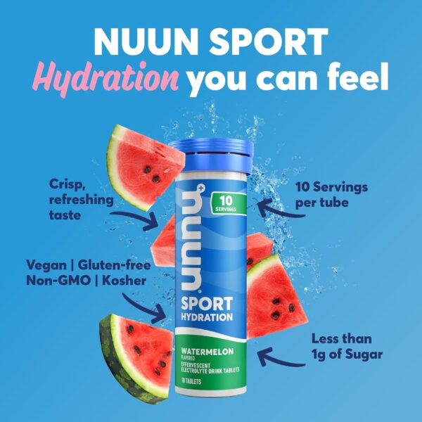 Nuun Sport Electrolyte Tablets - Dissolvable in Water, Watermelon, 5 Essential Electrolytes for Hydration, 1g Sugar Drink Mix, Vegan, Non-GMO, 4 Pack (40 Total Servings)