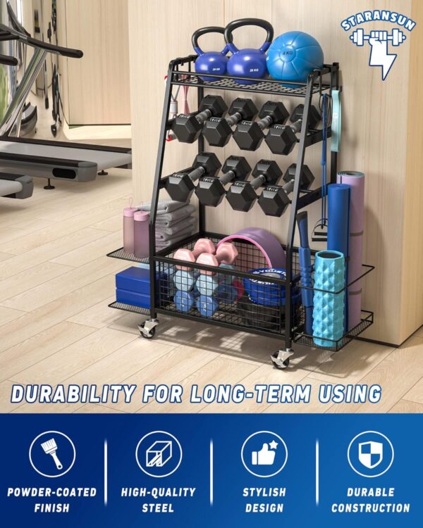 Weight Rack for Dumbbells - Dumbbell Rack for Home Gym - Home Gym Storage Rack for Dumbbells and Strength Training Equipment - Weight Rack for Home Gym with Side Shelves, Hooks and Wheels