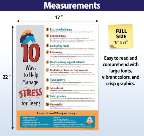 ZOCO — 10 Ways to Manage Stress for Teens Posters (20 Pack) — Mental Health Awareness Items — School Counselor Must Haves — Therapy Office Decor — Laminated, 17 x 22 inches