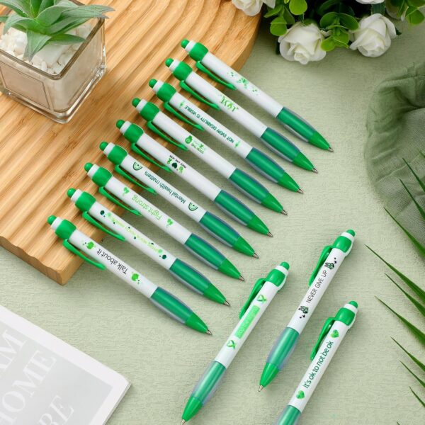 Ctosree Mental Health Awareness Pens Gifts Bulk 12 Style Green Ribbon Retractable Gel Pens Black Ink Mental Health Awareness Accessories Favors Items for Office Charity Stuffers(120 Pcs)