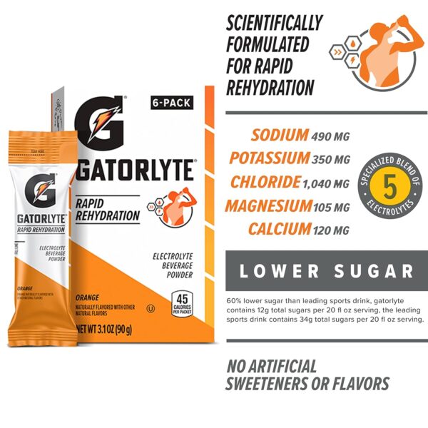 Gatorlyte Electrolyte Beverage Powder, Orange, Makes 20 Fl Oz, 3.1 ounce (Pack of 6)