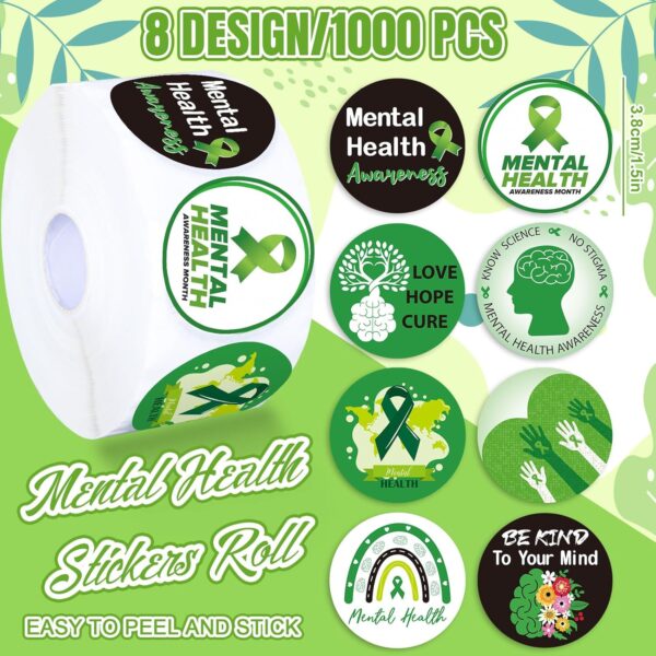 Whaline 1000Pcs Mental Health Awareness Stickers Green Ribbon Awareness Decals Inspirational Postive Self-Adhesive Stickers for Adult Teens Fundraiser Event Mental Health Handout Supplies, 8 Design