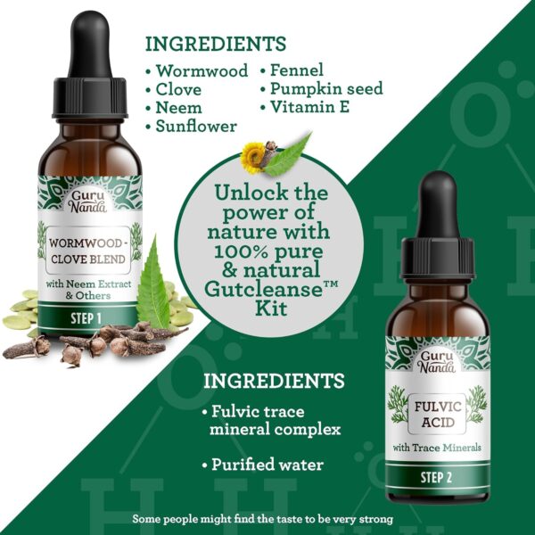 GuruNanda Gutcleanse 2-Step Kit - Dietary Supplement to Help with Digestion - Blend of Fulvic Acid, Wormwood, Clove & Neem Extract, 2x1 FlOz