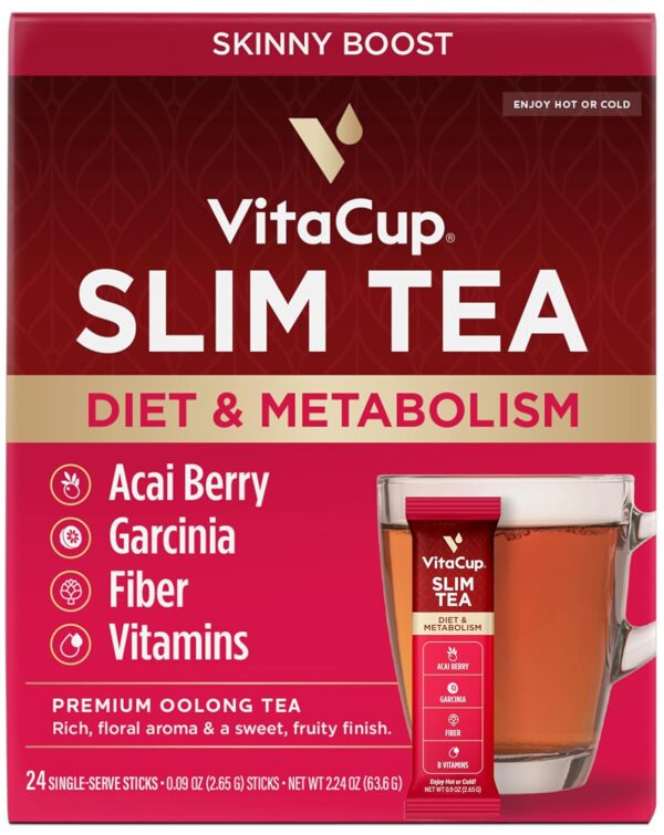 VitaCup Slim Instant Tea Packets for Diet Support, Oolong Tea w/B Vitamins, Garcinia, Inulin & Acai, On-The-go Instant Sticks, 24 Ct