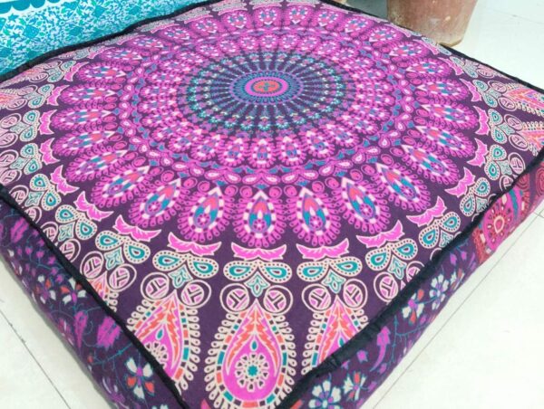 Indian Craft Castle 24" Pink Peacock Mandala Barmeri Large Floor Pillow Cover Cushion Meditation Seating Ottoman Throw Cover Hippie Decorative Zipped Bohemian Pouf Ottoman Pom Pom Cases 24" Square