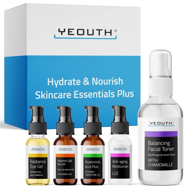YEOUTH Skin Care Set: Hyaluronic Acid Serum for Face, Vitamin C Serum, Facial Toner, Under Eye Gel, Face Cream, Skincare Gift Set for Women & Men 5-Piece
