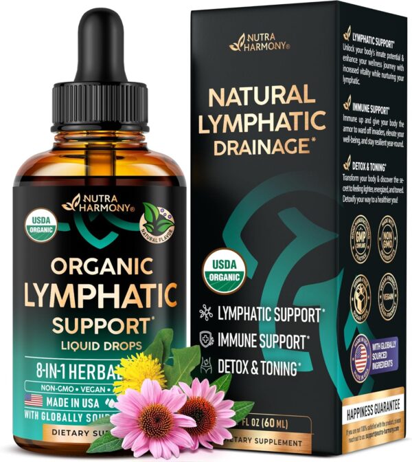 USDA Organic Lymphatic Drainage Supplement - Echinacea | Elderberry | Dandelion | Rosehip | Cleavers | Calendula | Burdock - Made in USA - Lymph System Drops - Immune Support, Cleanse & Detox, 2 fl oz