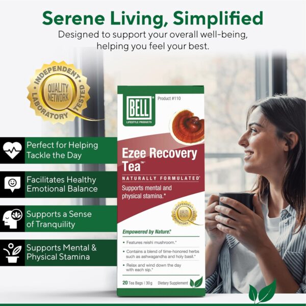 Ezee Recovery Tea by Bell Lifestyle Products Herbal Blend | Helps Support Relaxation and Well-Being with Reishi Mushroom, Ashwagandha, Holy Basil, Natural, Vegan, 20 Tea Bags