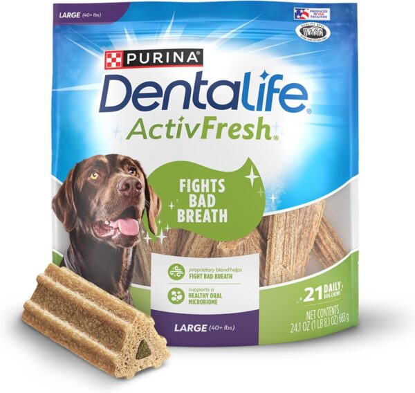81JTVMGPKfL._AC_SL1500_.jpg DentaLife ActivFresh Dog Chews for Large Dogs 40 lbs. and up, Dental Chews to Freshen Breath, Chicken Flavor, 24.1 oz., 21 Chews - 21 ct. Pouch