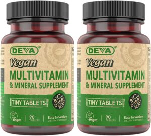 DEVA Tiny Tablets Vegan Multivitamins for Women & Men, Multivitamin with Iron, Mineral Supplement, Vitamin C, Vitamin B Complex, Vitamin B12, Vitamin E, Zinc, Gluten Free, 90 Tablets (Pack of 2)