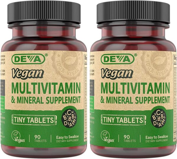 DEVA Tiny Tablets Vegan Multivitamins for Women & Men, Multivitamin with Iron, Mineral Supplement, Vitamin C, Vitamin B Complex, Vitamin B12, Vitamin E, Zinc, Gluten Free, 90 Tablets (Pack of 2)