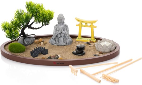 Zen Garden for Desk 13x8in – Japanese Meditation Kit with Buddha, Bonsai Tree, Natural Sand, Stones, Bamboo Rakes & Accessories – Mini Zen Garden for Office Relaxation & Decor by Roanle