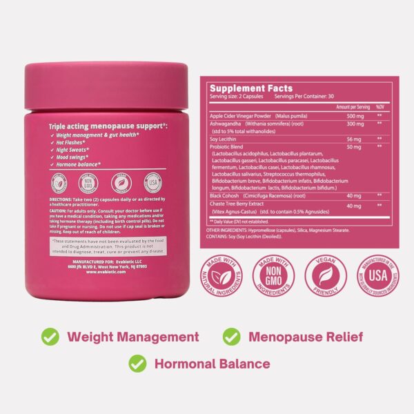 Complete Menopause Vitamins - Ashwaghanda, Probiotics, ACV for Weight Management, Hot Flashes, Night Sweats, Bloat, Hormone Balance - Vegan 60 Caps Menopause Supplements for Women Non-GMO