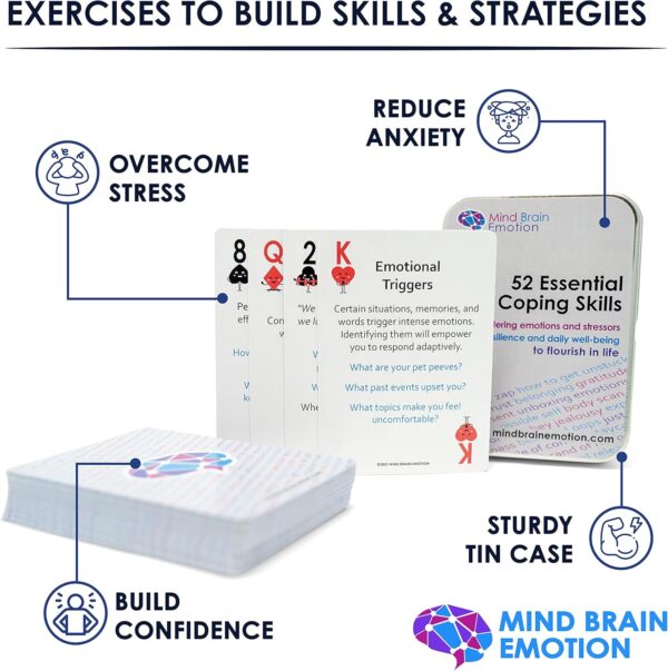 Mind Brain Emotion 52 Essential Coping Skills Cards - Self Care Exercises for Stress and Social Anxiety Relief - Resilience, Emotional Agility, Confidence Therapy Games for Teens, Adults