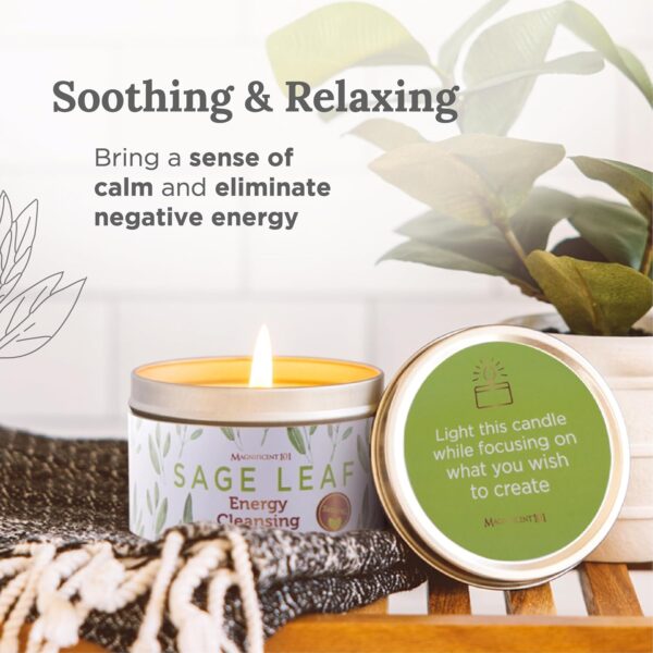 Magnificent 101 Sage Leaf Energy Cleansing Candle in 6-oz. Tin Holder: 100% Natural Soy Wax with Pure White Sage Leaves & Essential Oils for Smudging and Intention Setting; Great Housewarming Gift