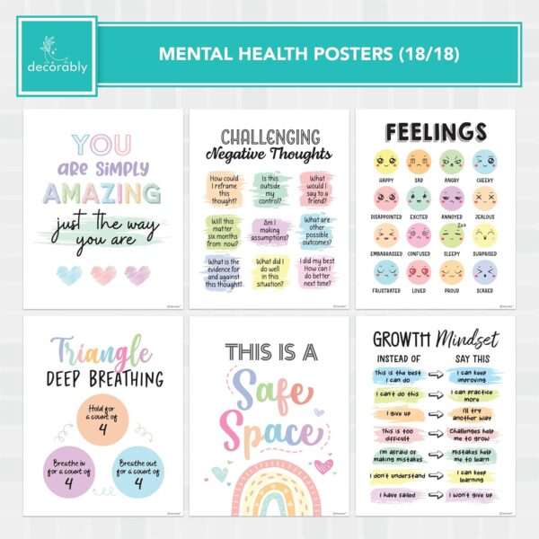 Decorably 18 Mental Health Posters for Classroom, 8x10in Matte-Laminated Inspirational School Psychologist Office Decor