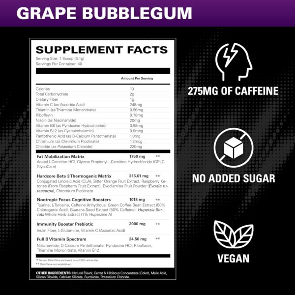 EHP Labs OxyShred Hardcore Super Dosed Pre Workout Powder - Preworkout Powder with L Glutamine & Acetyl L Carnitine, Energy Boost Drink - 275mg of Caffeine - Grape Bubblegum, 40 Servings