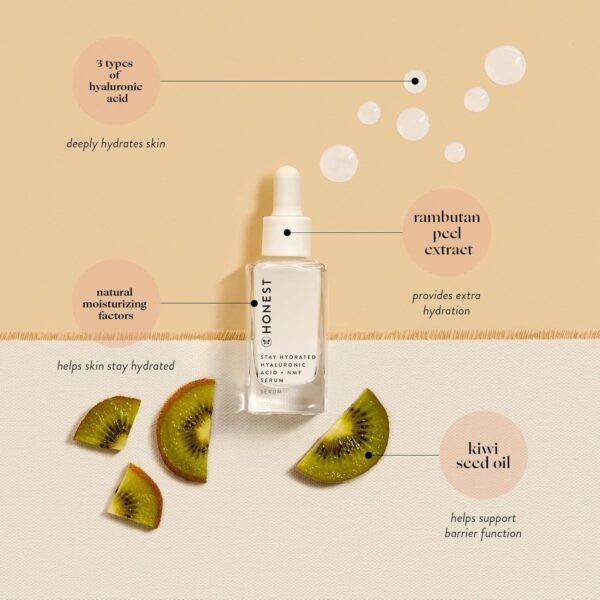 81JwcvIh-CL._SL1500_.jpg Honest Beauty Stay Hydrated Hyaluronic Acid + NMF Serum | Moisturizes + Reduces Fine Lines | 3 Types of Hyaluronic Acid, NMF, Kiwi Seed Oil | EWG Verified, Vegan + Cruelty Free | 1 fl oz