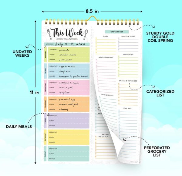 Decorably 52 Sheets Pastel Undated Weekly Meal Planner and Grocery List, 8.5x11in Spring-Bound Meal Planning Notepad, Weekly Menu Planner Pad