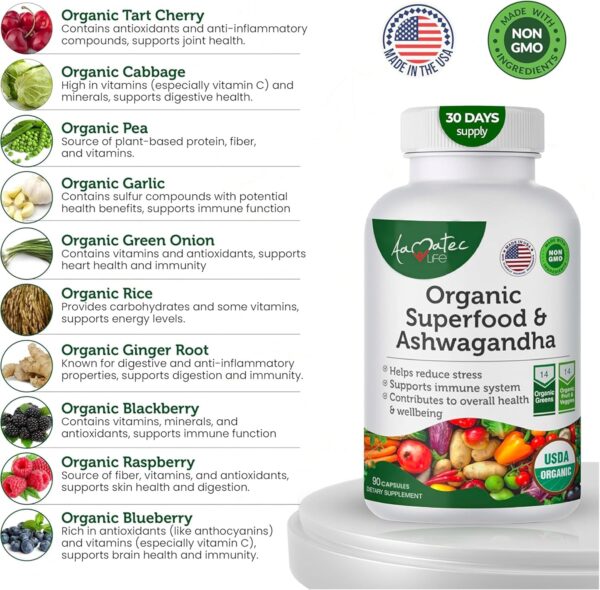 Organic Superfood Greens Fruits and Veggies Complex with Ashwagandha - 2 in 1 Supplement with 14 Greens Fruits & Vegetables with Ashwagandha Rich in Antioxidants - Non-GMO 90 Capsules