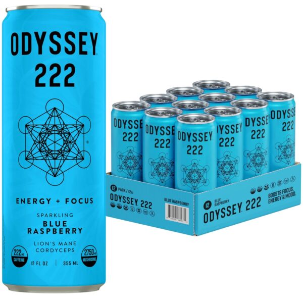 Odyssey 222 Energy Drink, Pre Workout, 222mg Caffeine, Clean Energy Drinks, L Theanine, Lions Mane, Cordyceps & Green Tea for Energy, Focus & Mood Boost, Low Calorie, Blue Raspberry, 12 Fl oz, 12 Pack