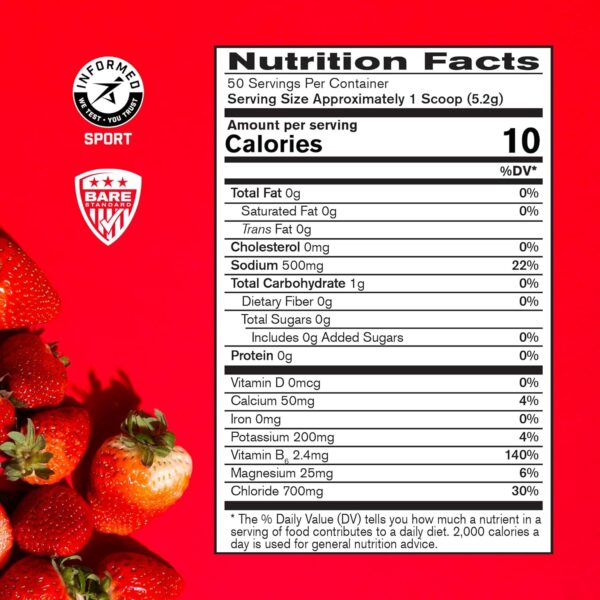 BARE PERFORMANCE NUTRITION BPN Electrolytes Hydration Drink Mix | Sugar Free Electrolyte Powder | 500mg Sodium per serving | Naturally Sweetened | Strawberry, 50 Servings
