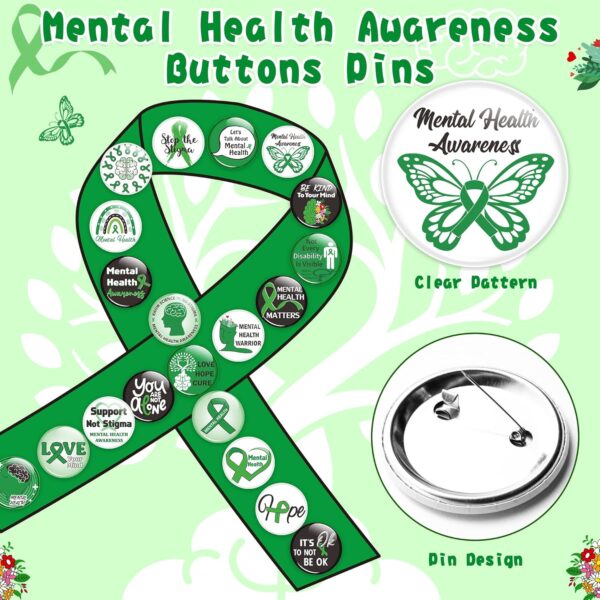 Mental Health Awareness Button Pins Green Ribbon Round Badges, Mental Health Awareness Month Brooch Pin, Mental Health Awareness Decoration Supplies, Clothing Bag Hat Accessories