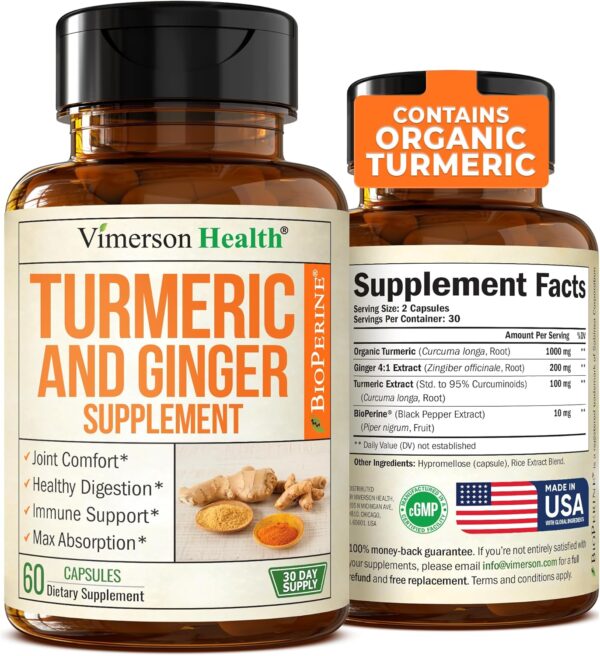81Kbn3gYRgL._AC_SL1500_.jpg Turmeric Supplement with Ginger Root for Joint & Digestion Support - Turmeric Curcumin Supplement 95% Curcuminoids. Contains Organic Tumeric with Black Pepper (Bioperine) for Max Absorption. 60 Caps