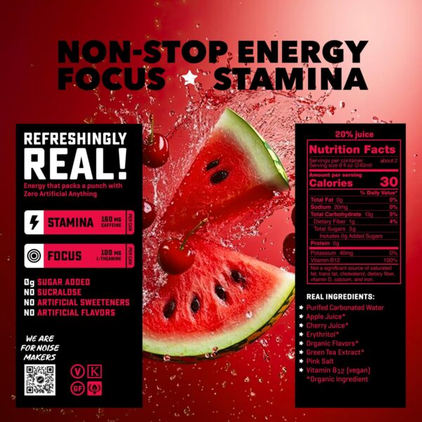 RIOT Clean Energy Drink, Cherry Watermelon, Organic, No Sugar Added, Made with Real Fruit, 100mg L-Theanine, 16 fl oz