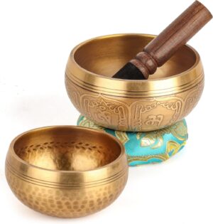 2-Pack Tibetan Singing Bowls Set - 100% Handmade in Nepal, Sound Bowl Meditation Set for Yoga, Chakra Healing, Meditation Gifts, Unique Gifts for Women (Blue, 3.15 + 4 inch)