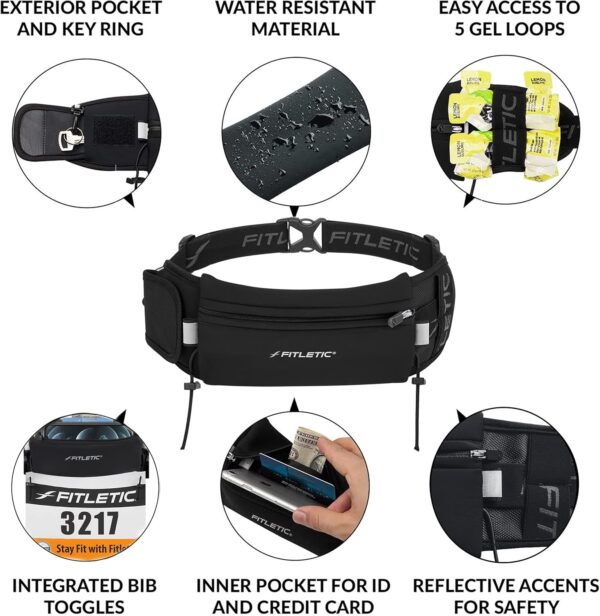 Fitletic - Ultimate II Running Pouch with Gels, Runners Pouch, Running Waist Belt with Gel Loops, Exterior Pocket, Inner Pocket, and Integrated Bib Toggles, Running Accessories